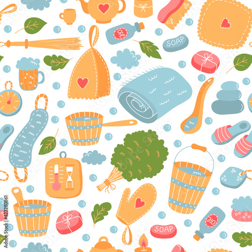 Sauna russian banya cute seamless vector pattern
