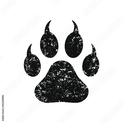 Animal paw print with claws vector icon. Grunge texture. Wildlife or petshop store and vet logo. Dog or cat footprint trail sign. Pet foot shape mark symbol. Silhouette isolated on background.