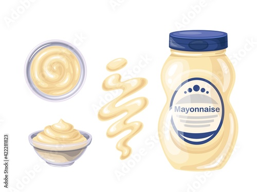 Mayonnaise in bottle and bowl, sauce spilled strips and spots. Bowl mayonnaise top view. Vector illustration.