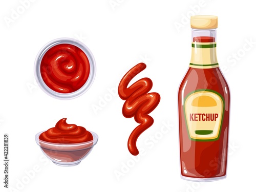 Ketchup in bottle and bowl, sauce spilled strips and spots. Bowl ketchup top view. Vector illustration.