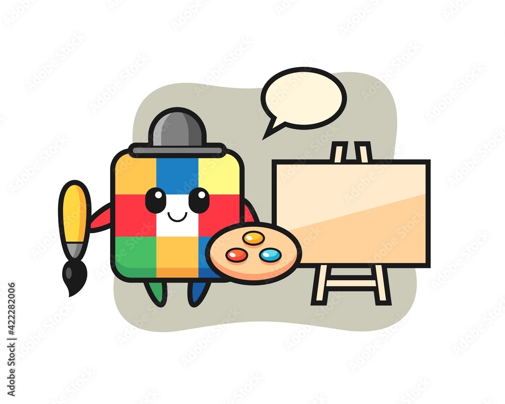 Illustration of rubik cube mascot as a painter Illustration of rubik cube mascot as a painter