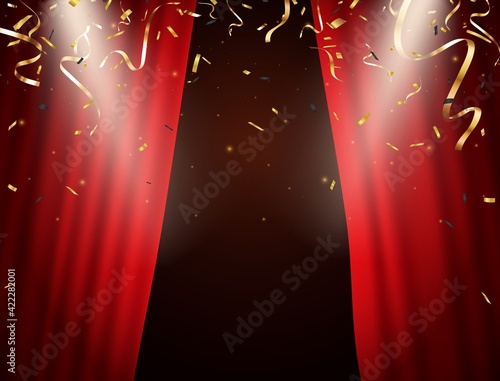 Red curtain with falling gold confetti