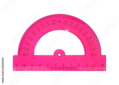 Pink protractor for measuring angle isolated on white background