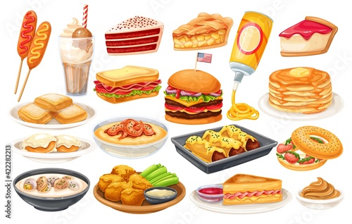American food vector icon. Corn dog  clam chowder  biscuits and gravy  apple pie  blt  sandwich and buffalo wings. Red velvet cake  grits  monte cristo sandwich  pancakes  maple  spray cheese and ets