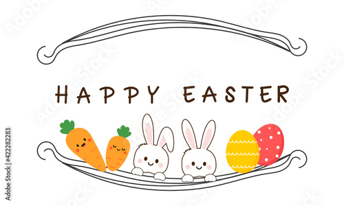 Easter rabbit, Easter eggs, carrot cartoons sign on white background vector illustration.