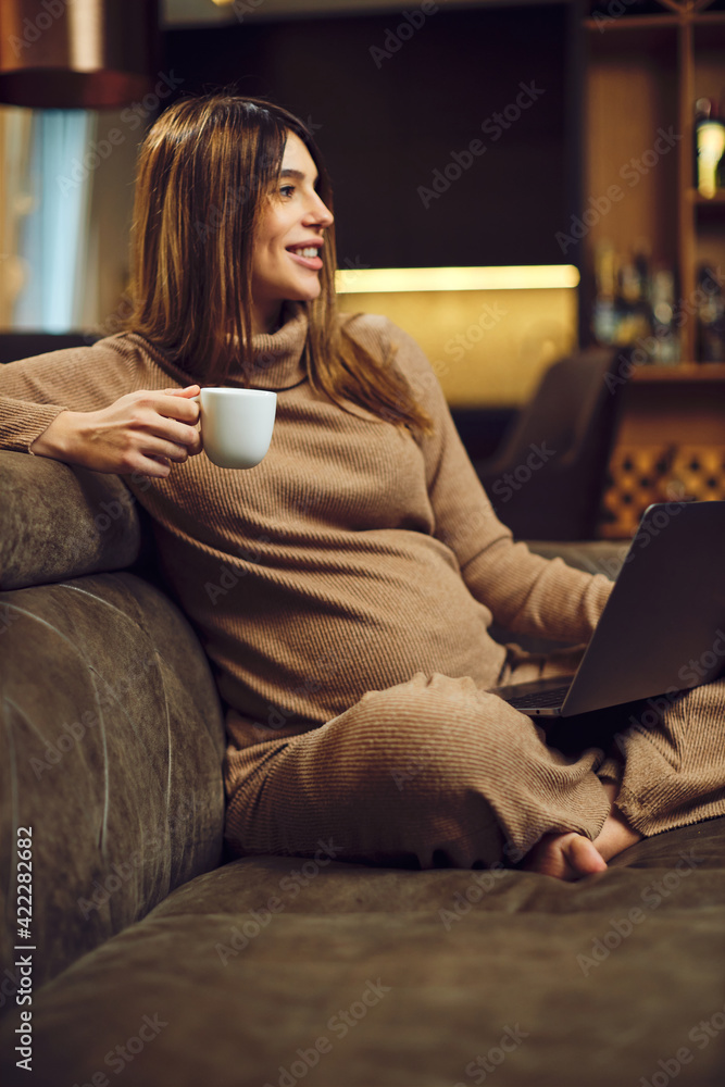 Cute pregnant woman sitting on a sofa at home, drinking coffee and using laptop for pregnancy education. Selective focus on the hand. Cute pregnant woman sitting on a sofa at home, drinking coffee and using laptop for pregnancy education. Selective focus on the hand.