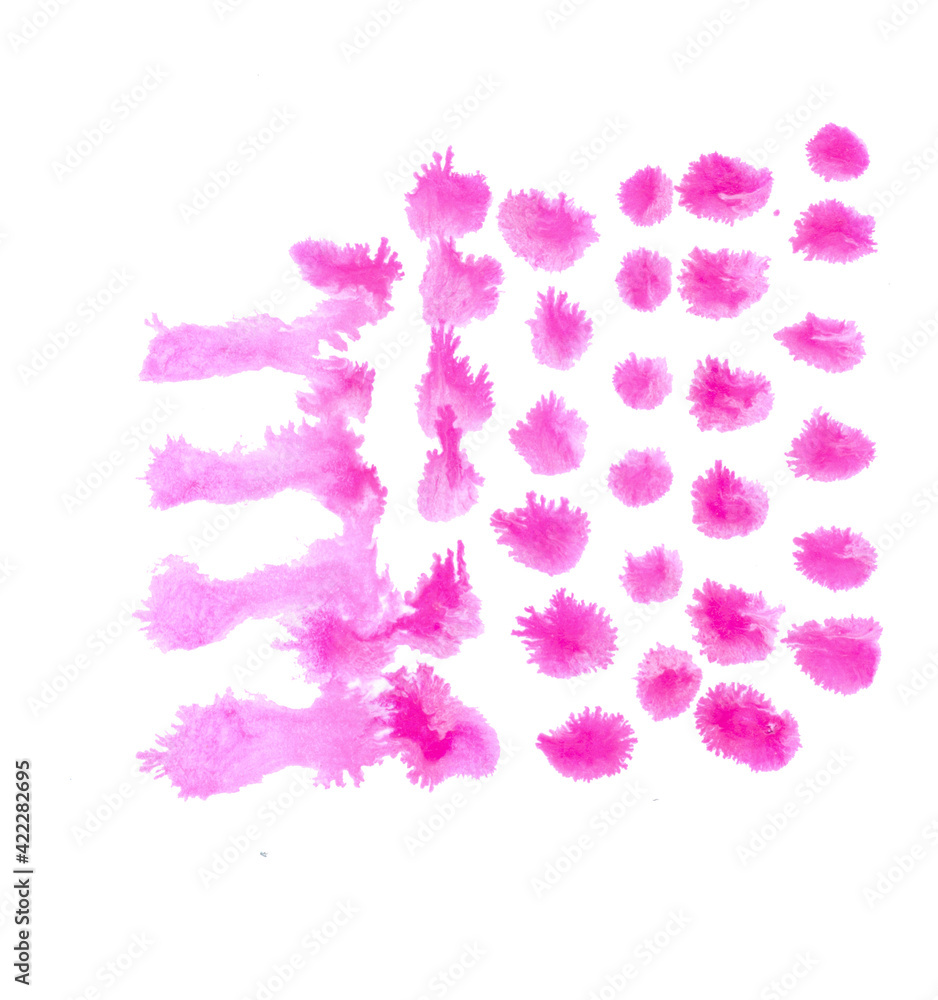 Colorful watercolor background set of pink splashes and stains. Abstract art hand paint