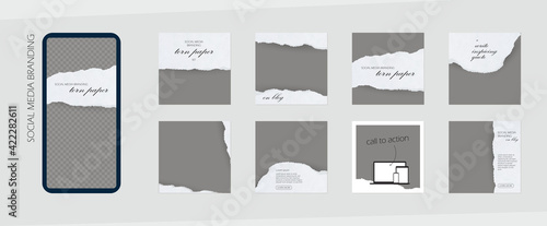 minimal Instagram social media feed branding template. ripped torn paper texture background mockup in gray nude color. for beauty, jewelry, restaurant, cosmetics, fashion content