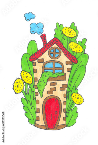 cartoon drawn by markers little house in the garden among the grass and dandelions. smoke comes from the chimney of the house