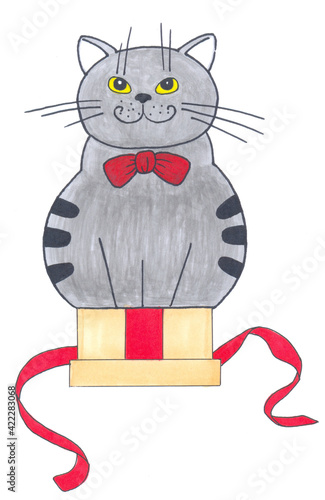 hand drawing with markers cat in a gift box