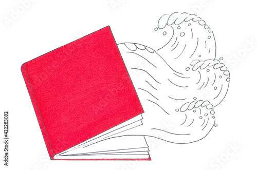 drawing by marketers red open book. a wave breaks out of the book. wave of inspiration