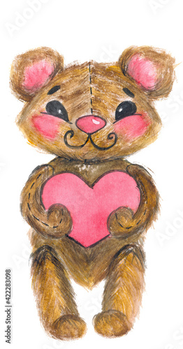 Handmade watercolor drawing of a fluffy teddy bear with a heart in its paws.