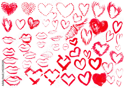 a set of hand drawn hearts and red lips of different shapes. valentine's day symbols