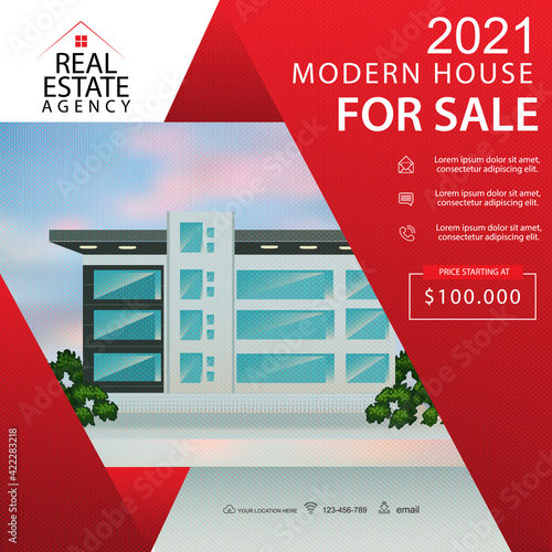 2021 Rent house and garden at the front, red banner. Flat concept vector website template and landing page design of success deal, real estate and apartments investments. Easy to edit.