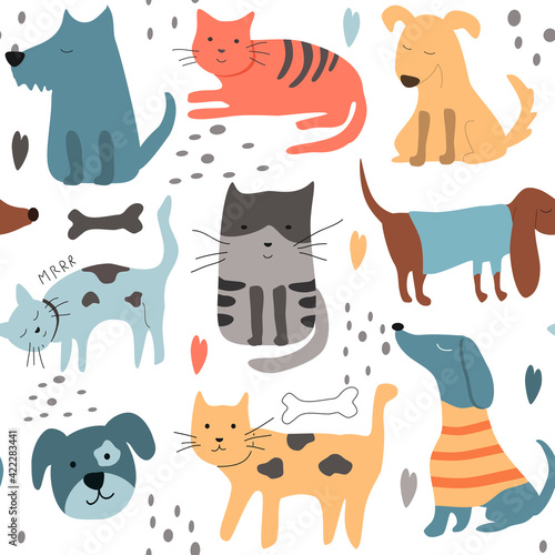 cute funny  vector seamless pattern with hand drawn difference cats and dogs naive childish ornament. pattern for printing on fabric, clothing, wrapping paper, wallpaper for a kid's room, baby things