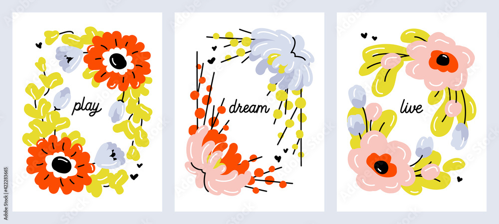 Set of cute hand drawn flowers. Modern collage of pastel blossoming plants for pre-made poster print or greeting card. Naive style vector illustration with abstract floral design. Editable stroke