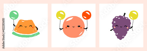 Kawaii characters of melon, grapefruit and grapes. Cute happy fruits with multicolored balloons. Vector illustration for greeting card, fabrics prints or poster