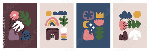 Set of abstract hand drawn doodle objects and various organic shapes. Modern collage for pre-made poster or print. Contemporary multicolored vector illustration. Editable stroke
