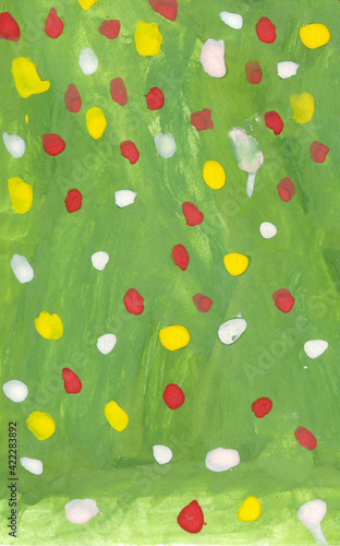 green watercolor field with yellow, red and white gouache strokes. hand-drawn