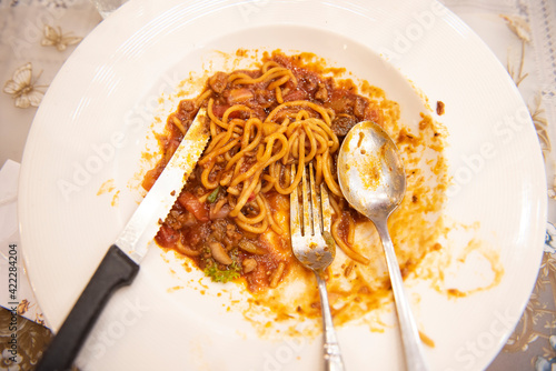 Photography food waste plate with spaghetti - Plate after eating food, dirty dishes
