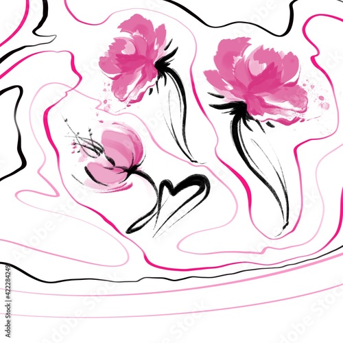 White background  with pink flowers and lines  spring floral.