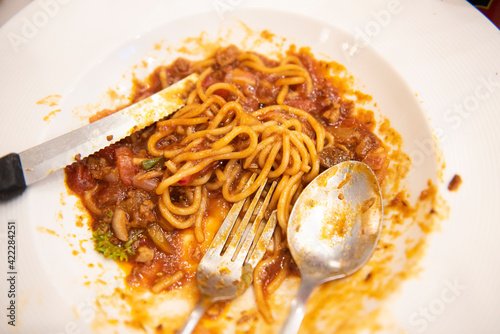 Photography food waste plate with spaghetti - Plate after eating food, dirty dishes