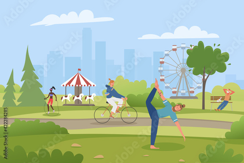 Summer amusement city park with people resting vector illustration. Cartoon young man woman characters cycling, doing sports exercises or exercising yoga, elderly man sitting on park bench background