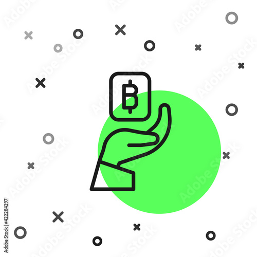 Black line Hand holding Bitcoin icon isolated on white background. Blockchain technology, digital money market, cryptocoin wallet. Vector