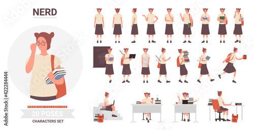 Nerd pose vector illustration set. Cartoon clever girl character with glasses studying at home and school college or university in various postures, carrying stack of books for study isolated on white