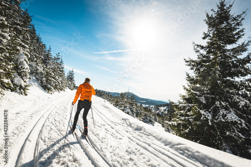 Skilangläufer in Winterlandschaft mit blauen Himmel