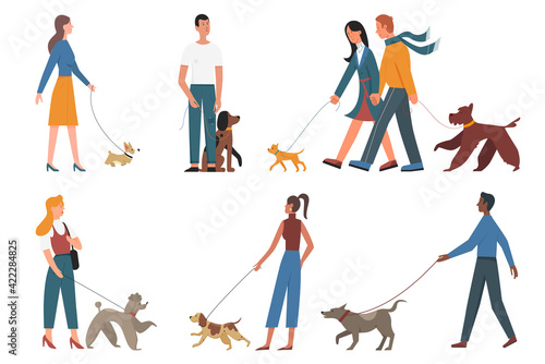 People walk pet dogs of different breeds vector illustration set. Cartoon young man woman owner characters and puppy pets collection, persons walking cute doggy domestic animals isolated on white