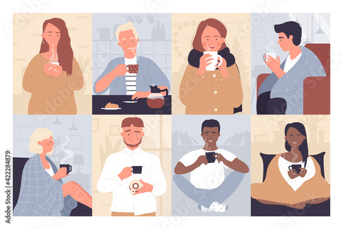 People drink hot drinks outdoors or at home vector illustration set. Cartoon young man woman characters drinking, holding cup of hot beverage and dessert, tea or coffee break collection background