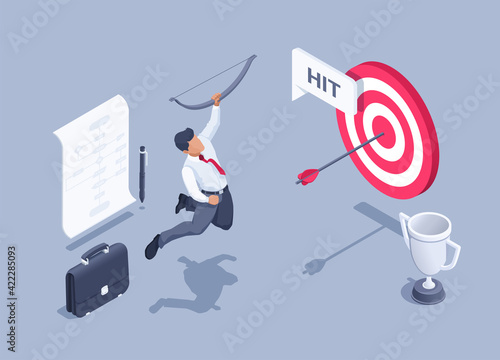 isometric vector illustration on gray background, successful man in business suit rejoices in reaching the goal, sheet with plan next to briefcase and cup near target with arrow