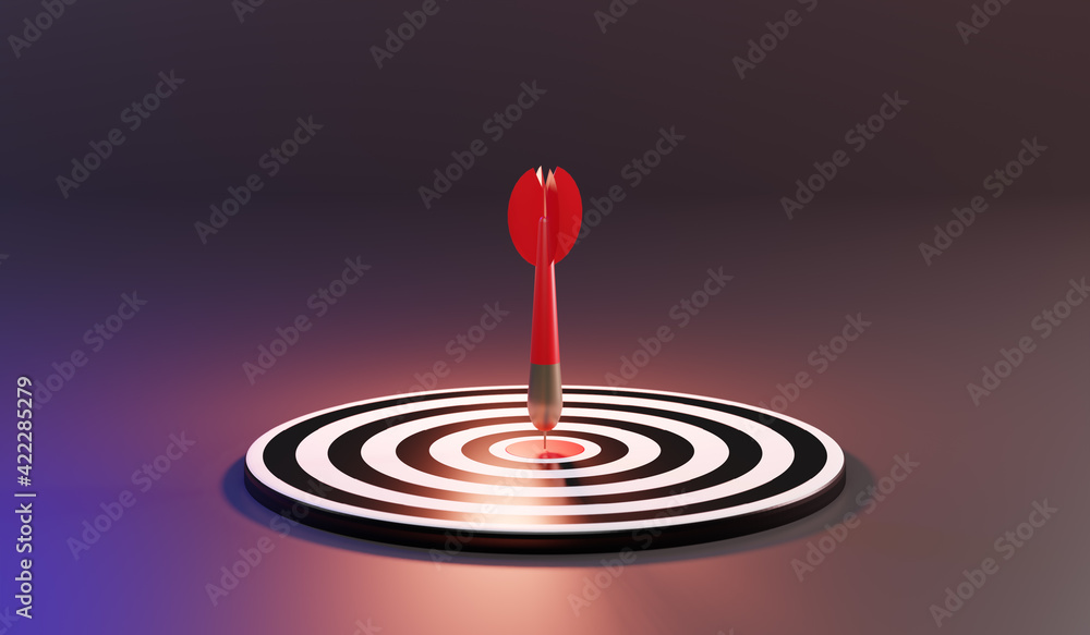 Red arrows reaching the center target. Darts target. target of business. Success Business Concept. 3d rendering Red arrows reaching the center target. Darts target. target of business. Success Business Concept. 3d rendering