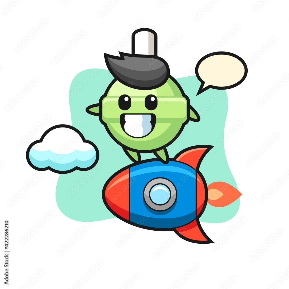 lollipop mascot character riding a rocket