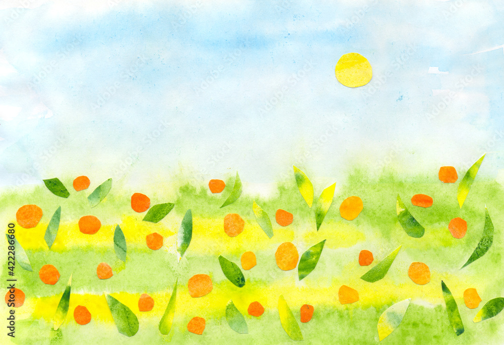 application field with flowers, sun in the blue sky. cut elements on watercolor background