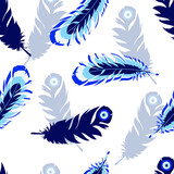 Creative bird feathers. Seamless pattern in blue tones for printing on fabric, paper, interior design, bedding, decorative textiles. Blue eye. Guardian Nazar. Vector graphics.