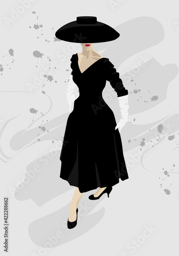 Fashion illustration of lady in Dior style old-classic black dress and hat. 