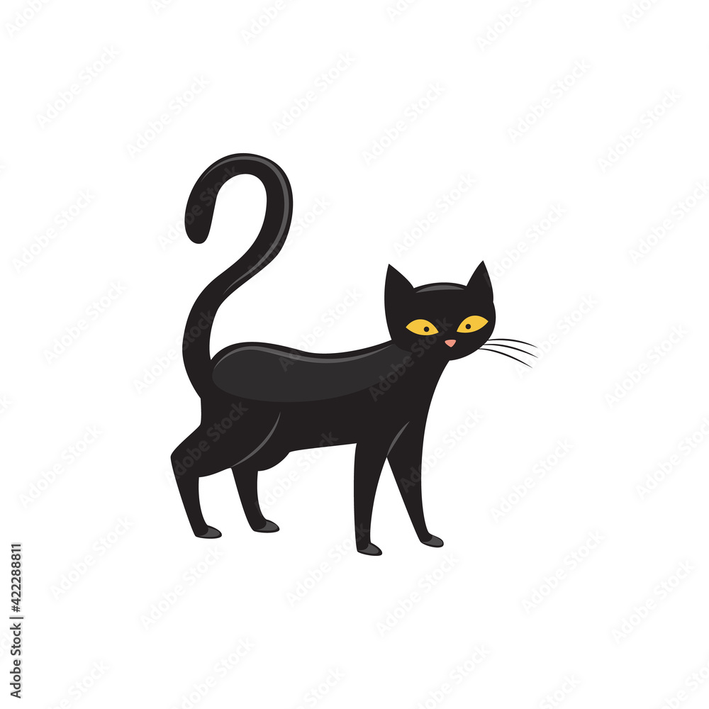 Black cat with yellow eyes and long tail, flat vector illustration isolated. Black cat with yellow eyes and long tail, flat vector illustration isolated.