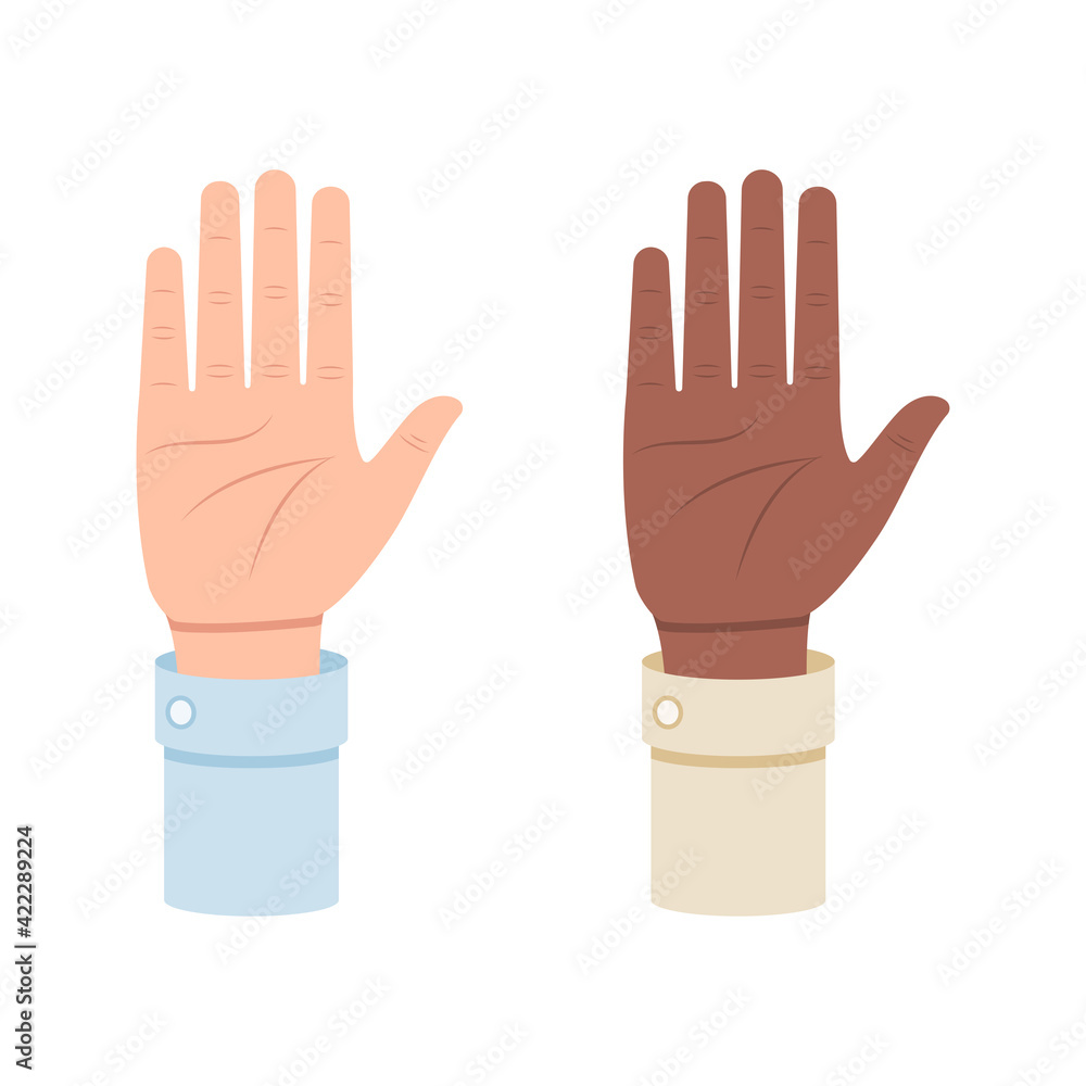 White and black hand shows five fingers, fifths vector illustration isolated on white background