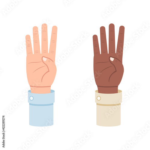 White and black hand shows four fingers, fourth fingers vector illustration isolated on white background