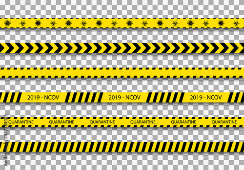 Quarantine tape. Caution stripe for coronavirus zone. Black line on yellow background for warning. Sign of covid, stop and hazard. Banner with strip for safety. Ribbon for danger area. Vector © Wise ant