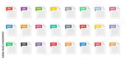 File type icons. Format and extension of documents. Set of pdf, doc, excel, png, jpg, psd, gif, csv, xls, ppt, html, txt and others. Icons for download on computer. Graphic templates for ui. Vector