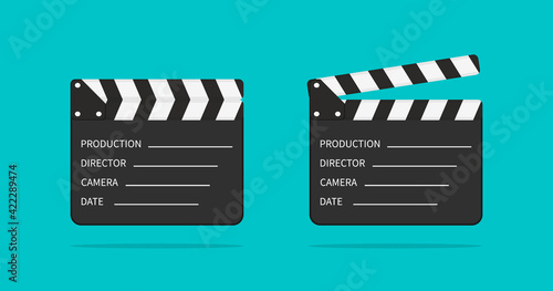 Movie clapper board. Slate of clapperboard. Director of film. take video with clapboard. movie clapper isolated. Action for production of film. Art of hollywood on cinema. Equipment for video. Vector