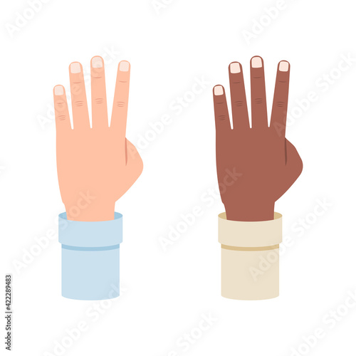 White and black hand shows four fingers, fourth fingers vector illustration isolated on white background