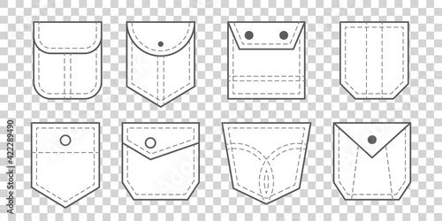 Vector clothing isolated icons set. Patch pocket bag.