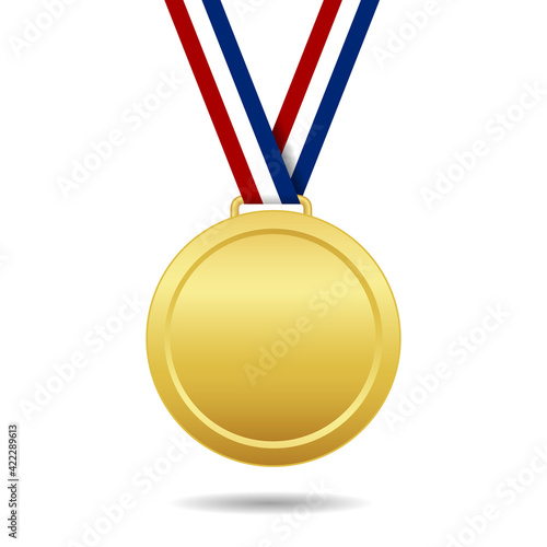Gold medal with ribbon. Trophy of winner. Award for 1place. Prize of championship. Golden medal isolated on white background. Medalion with ribbon for champion. Honor for victory on ceremony. Vector