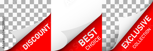 Paper page with discount. Advertising with curl on corner. Label rolled with sale offer. Sheet with peel for sale concept. Special sticker with flip, turn of sheets. Design icon. Vector