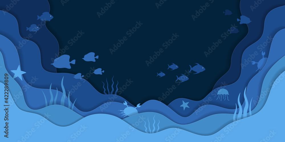 Sea fish. Ocean fish. Underwater world of aquarium, sea and ocean. Seabed with coral, reef and water animal. Undersea blue background for banner. Cut aquatic landscape for environment. Vector