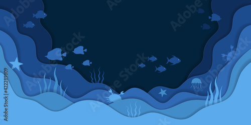 Sea fish. Ocean fish. Underwater world of aquarium, sea and ocean. Seabed with coral, reef and water animal. Undersea blue background for banner. Cut aquatic landscape for environment. Vector